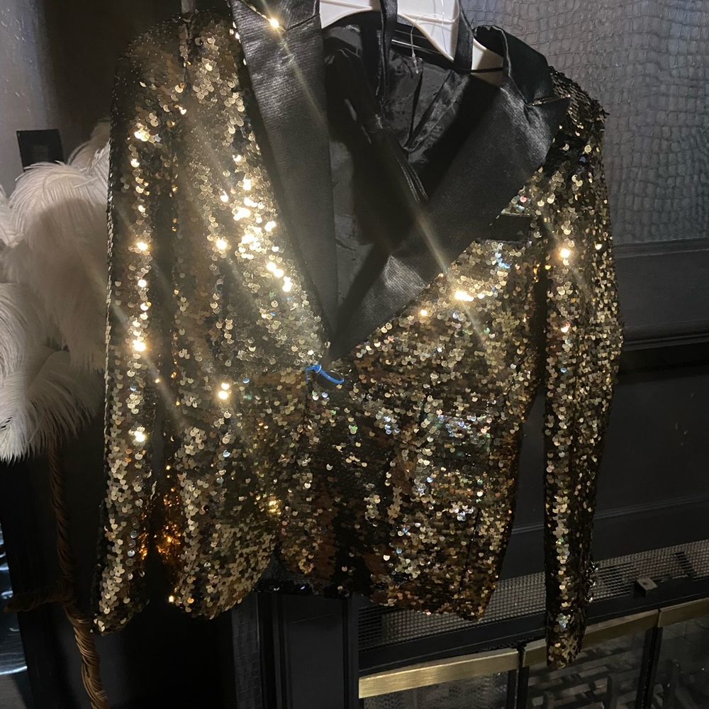 boys gold sequin jacket and pants suit, with black bow tie